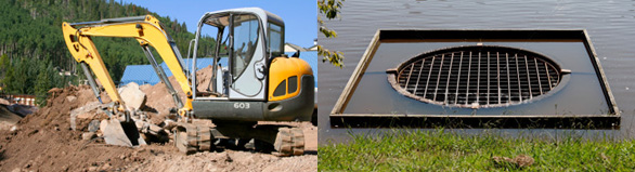 A small excavator digging a garden to install a treatment plant